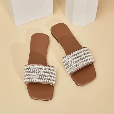 Chanclas de Perlas de Moda Son Elegantes y de Punta Abierta Para Usar con Una Pequeña Fragancia, Zapatillas Planas Cómodas y Versátiles para Mujer