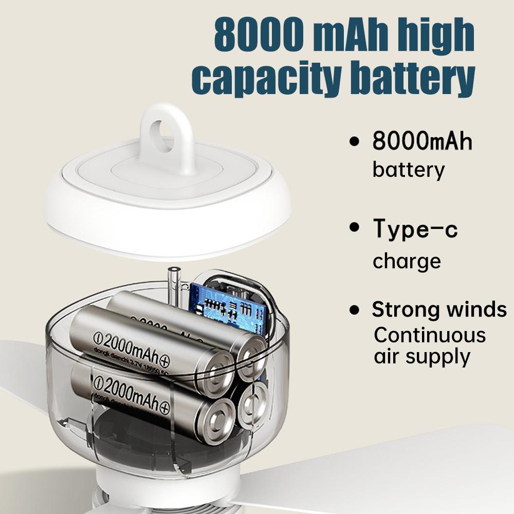 8000mAh USB wiederaufladbarer Deckenventilator 3-stufige Windgeschwindigkeit Großer Wind Deckenventilator Nachtlicht Beleuchtung Haushalt Outdoor Ventilator