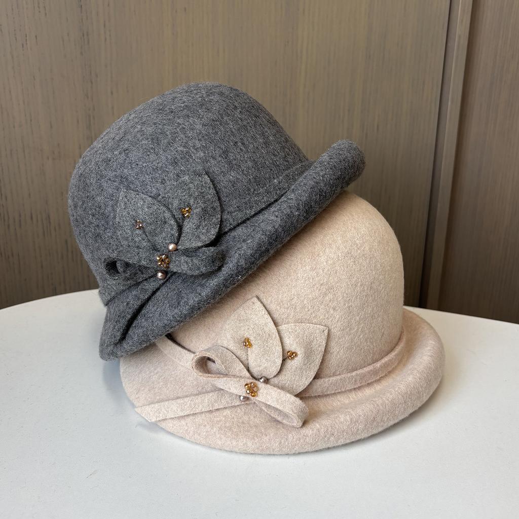 Ladies Crimped Bucket Hat Elegant Versatile Felt Hat Three-Dimensional Flower Woolen Top Hat Autumn And Winter Retro Pot Hat
