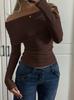 Off Shoulder Knit T-shirt Women Autumn Winter Casual Slim Fit Sweater Solid Color Slim Fit Simple Long Sleeve Tops Fashion Elegant Basic Tee Blouse