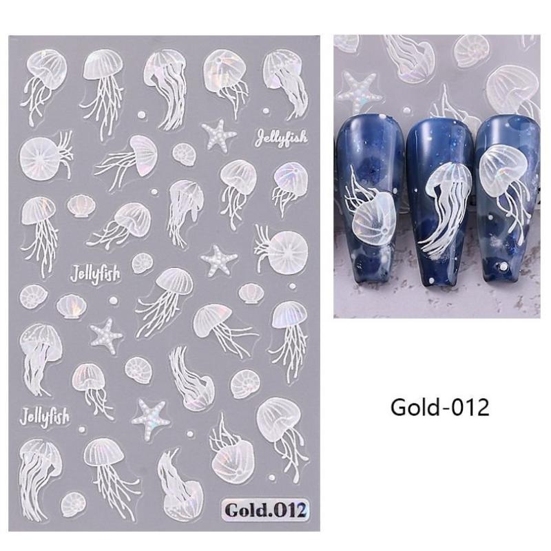 Jellyfish Summer Beach Nail Stickers Colorful Shell Starfish Conch Fish Adhesive Sliders Embossed Decals Manicure Foils Decor