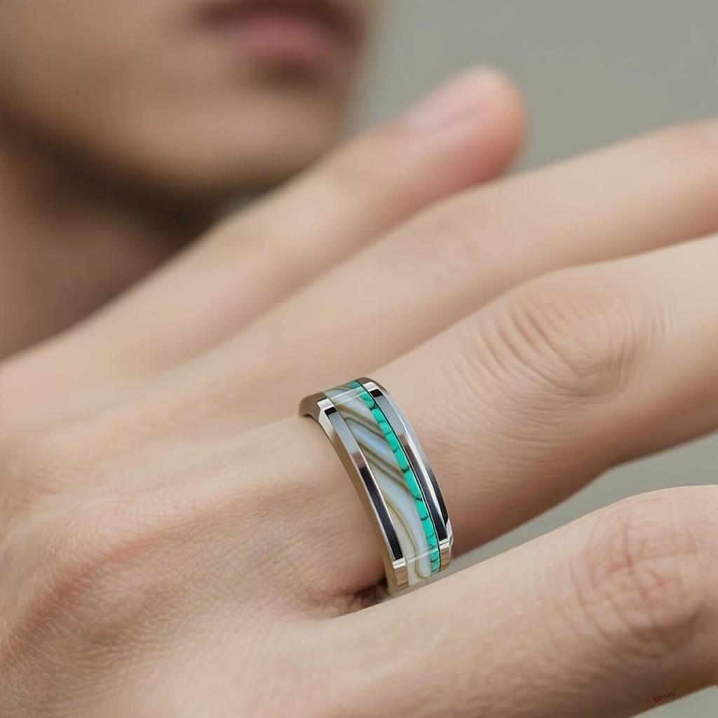 Fashion 8mm Men Stainless Steel Ring with Turquoise and Marble Stones Inlay Rings for Men Women Wedding Jewelry Drop Shipping