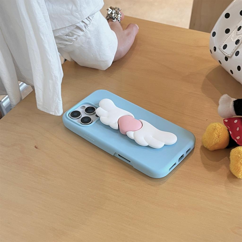For iPhone 16 Pro Max Silicone Case Cute Wing Kickstand Design Shockproof Phone Back Cover