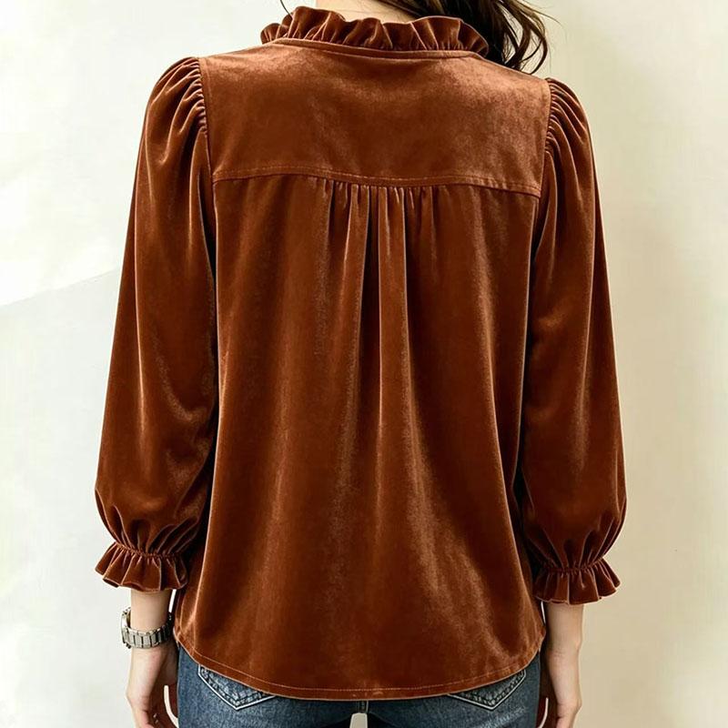 Solid Color Velvet Ruffled V-Neck Top Women'S Vintage Puff Sleeve Button-Down Shirt