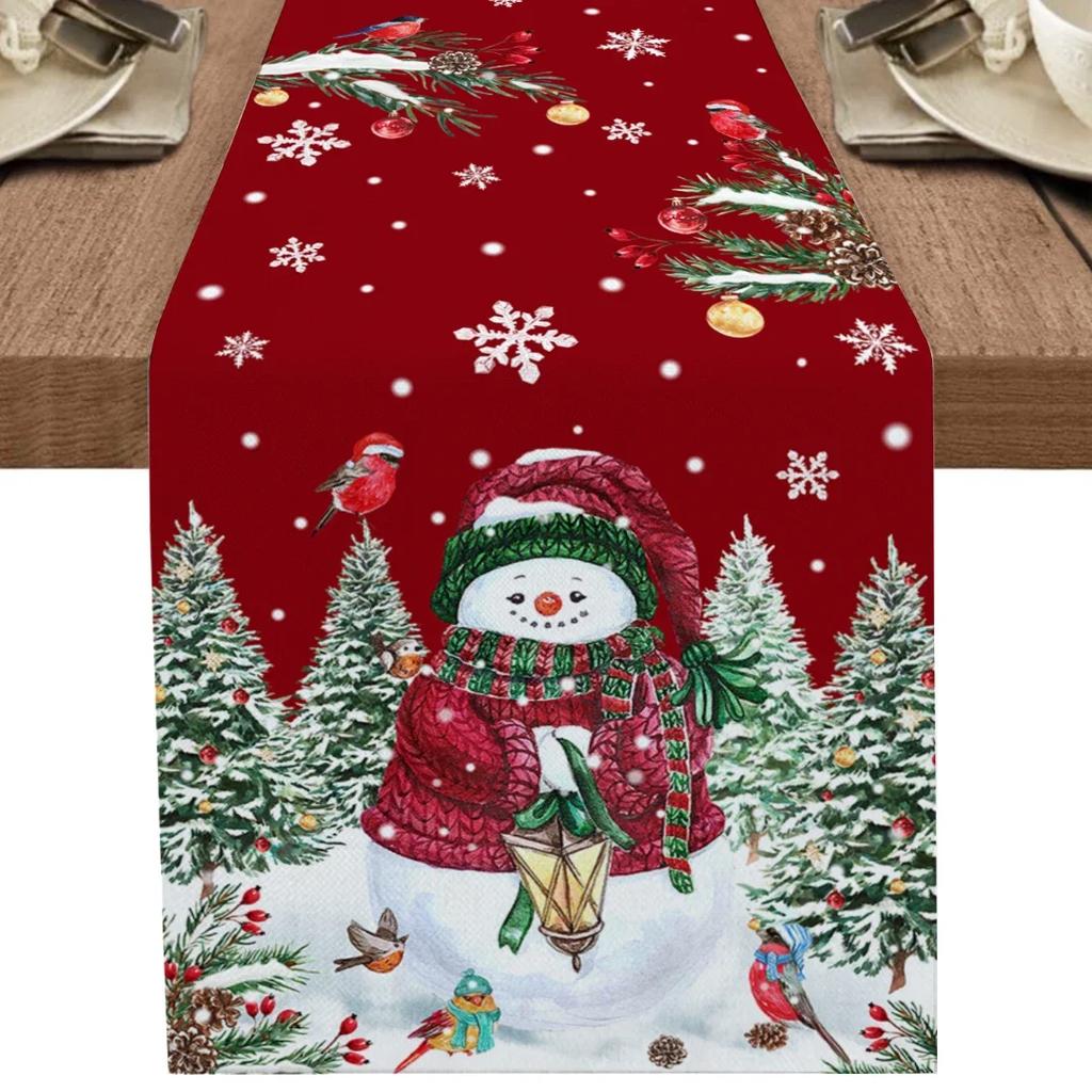 Christmas Snowman Table Runner Linen Antifouling for Wedding Festive Picnic Kitchen  Decoration