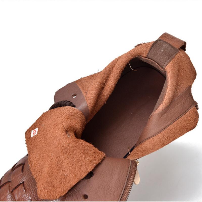 Johnature Stivali da donna in vera pelle intrecciata a mano retrò Stivali corti in vera pelle con lacci e punta tonda