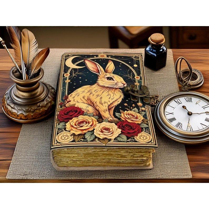 Handmade Leather Journal – Rabbit & Roses • Travel Diary / Sketchbook • Gift for Animal Lover