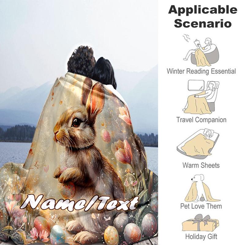 1PC Custom Name Easter Bunny Eggs Outdooor Flannel Blankets Throw Blanket All-Season Throw Gift Bedspread for Couch, Bed, Camping Holiday Birthday Gif