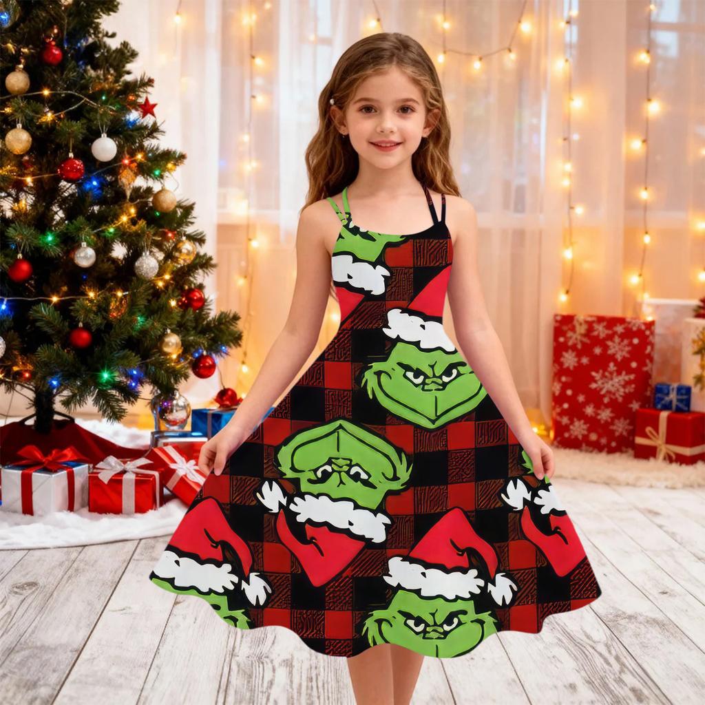 Children's Fashion Casual Christmas Print Off-Shoulder Punk Vintage Dress