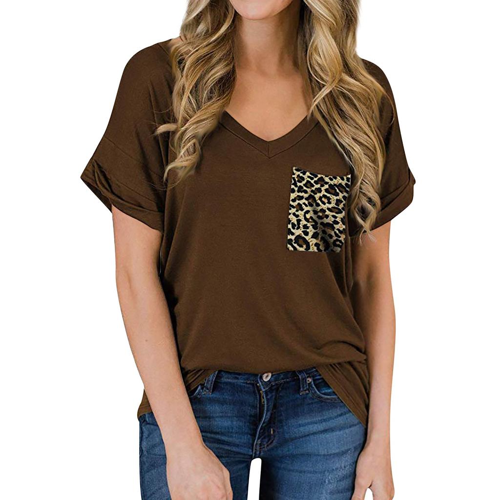 Women's Fashion Spring/summer V-neck Pocket T-shirt With Rolled Edge Short-sleeved Loose Top