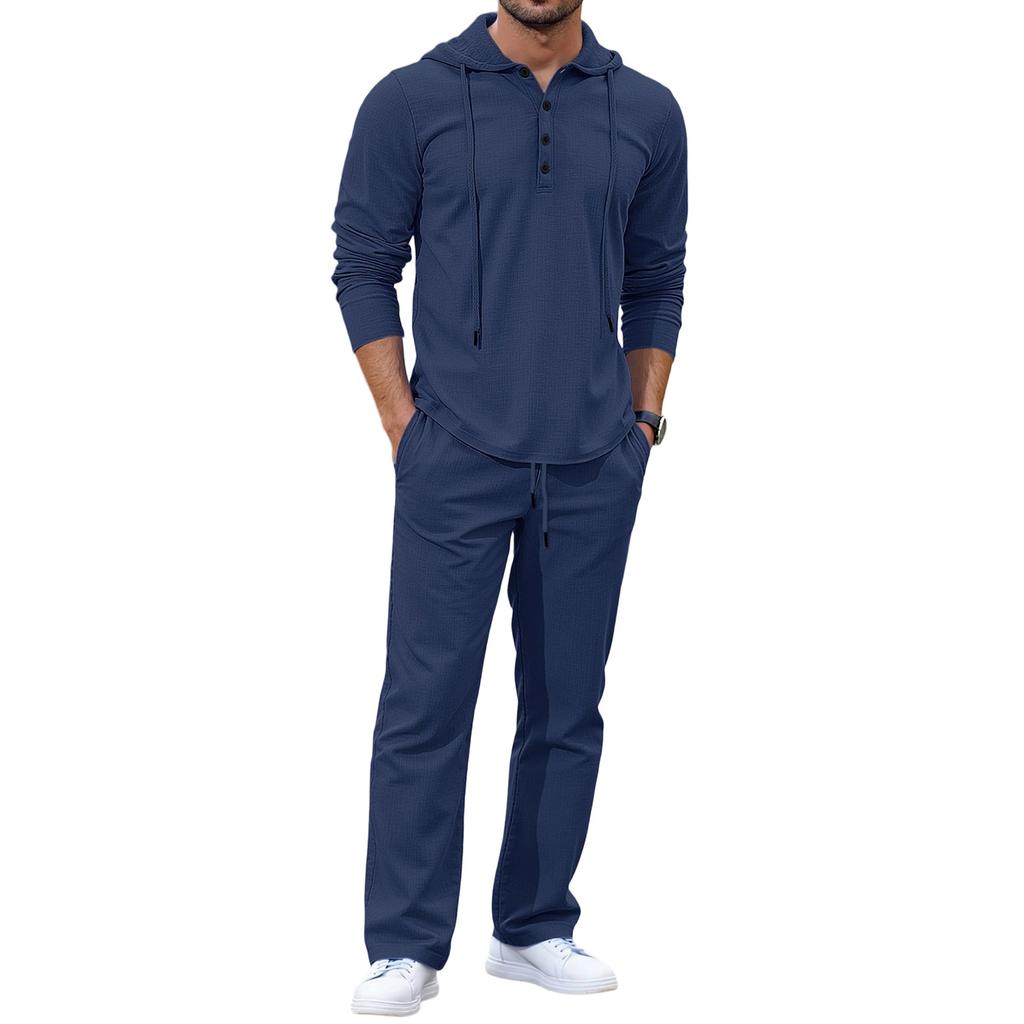 Men Fashion Leisure Hooded Hood Button Upper Garment Trousers Set