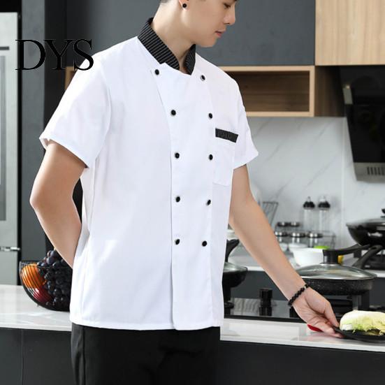 Waiter Garment Stand Collar Short Sleeve Double Breasted Patch Pocket Splicing Color Chef Top Uniform Women Men Service Bakery Breathable Shirt