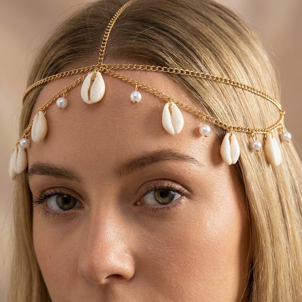 Catena per Capelli Boho Stile Oceano Stella Marina Conchiglia per Donne Moda Frangia con Perle Finte Accessorio per Capelli Vacanza al Mare Gioiello per Capelli Quotidiano