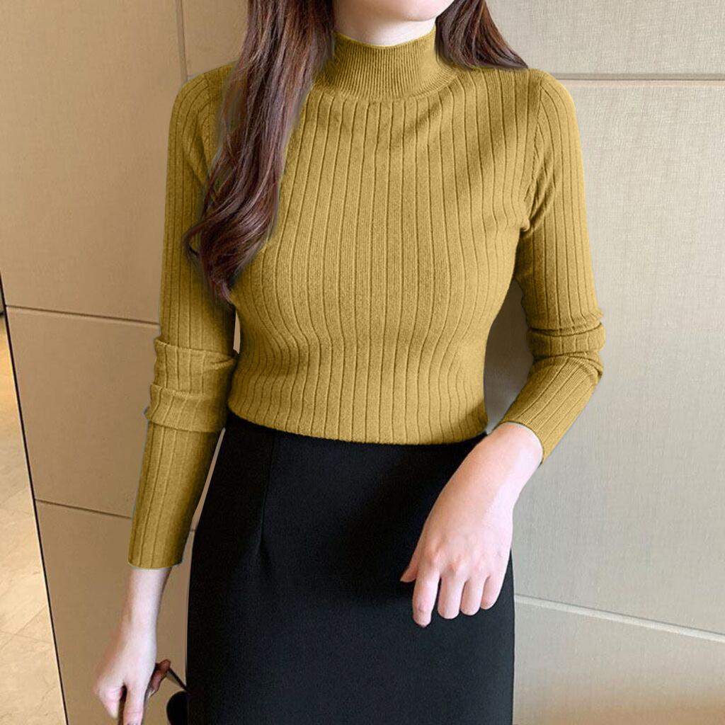 Women's Solid Color Knitted Sweater Half High Collar Bottom Long Sleeve
