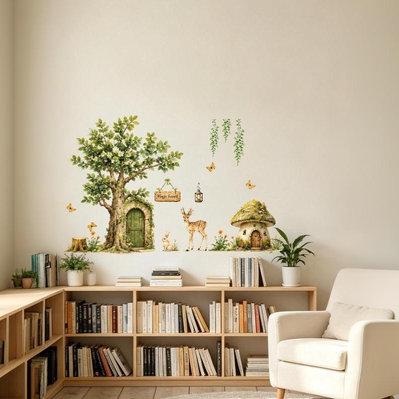 2Pcs Magic Forest Themed Wall Decal With Deer Rabbit Mushroom Designs Easy Peel And Stick For Kids Bedroom Nursery Decor