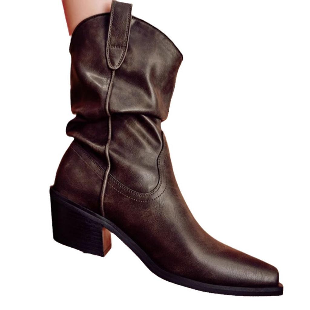 Retro Suede Western Cowboy Boots for Women 2024 Autumn New Collection Coarse Heel Pointed Fold Stacked Boots Knight Boots