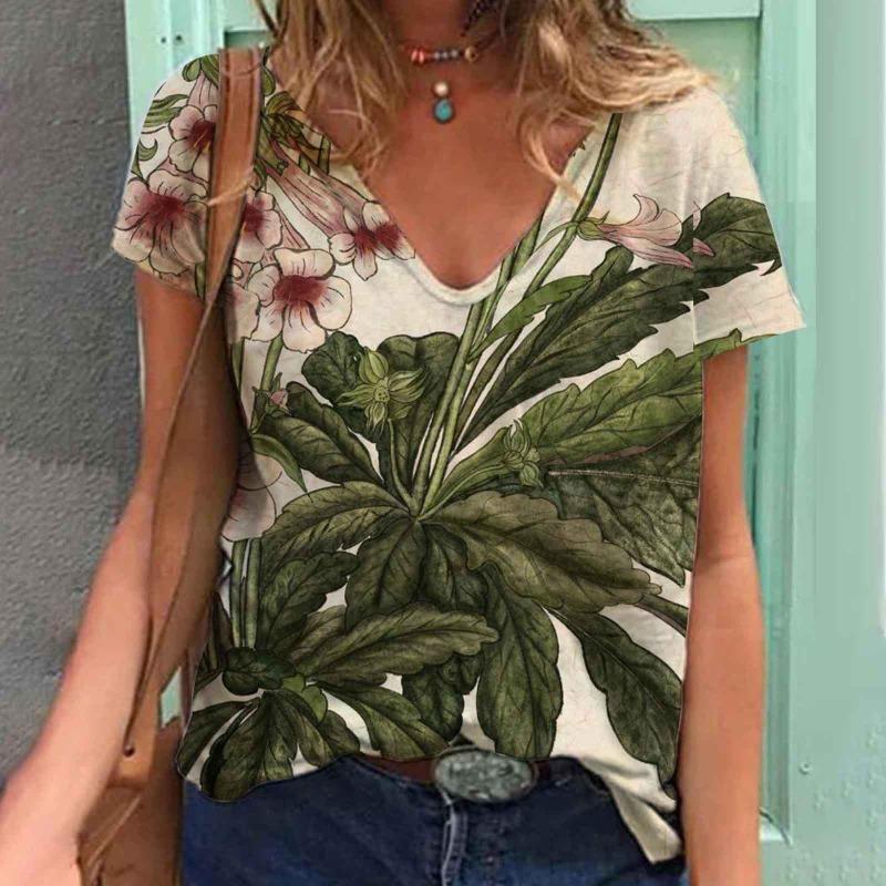 

Summer Loose T-shirt 3D Printed Short Sleeved Retro Floral Print Women s V-neck Loose Casual Short Sleeved Shirt 5XL