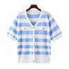 Sommer Damen T-Shirt Plus Size Eisseide Atmungsaktive Abdeckung Bauch Strickshirt Gestreifte Dünnschliff V-Ausschnitt Kurzarmbluse