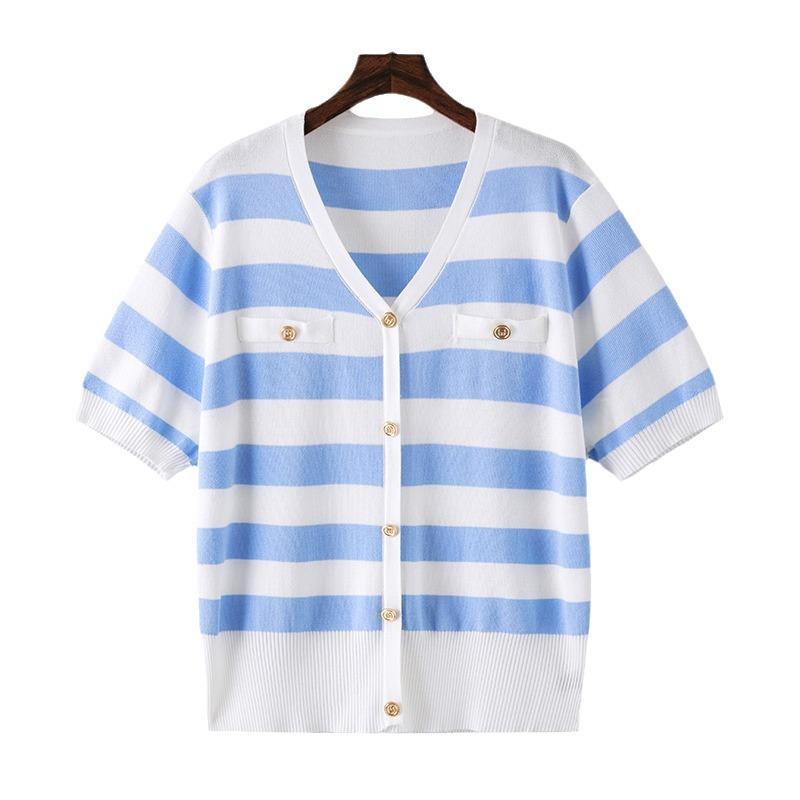 Sommer Damen T-Shirt Plus Size Eisseide Atmungsaktive Abdeckung Bauch Strickshirt Gestreifte Dünnschliff V-Ausschnitt Kurzarmbluse