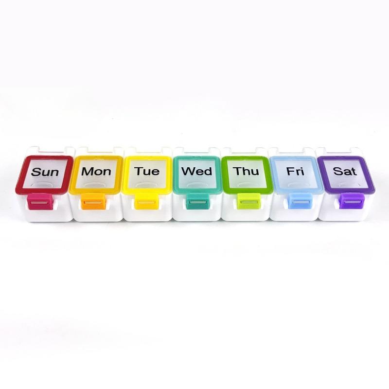 Farbenfroher 7-Tage-Pillenorganizer mit sicherem Verschluss, auslaufsichere, tragbare Medikamentenaufbewahrungsbox, neues Design, Pillenbehälterbox
