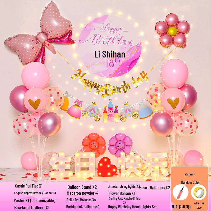 Happy Birthday Balloons for 7-8-Year-Old Girls - Home Party Decoration and Background Wall Decor