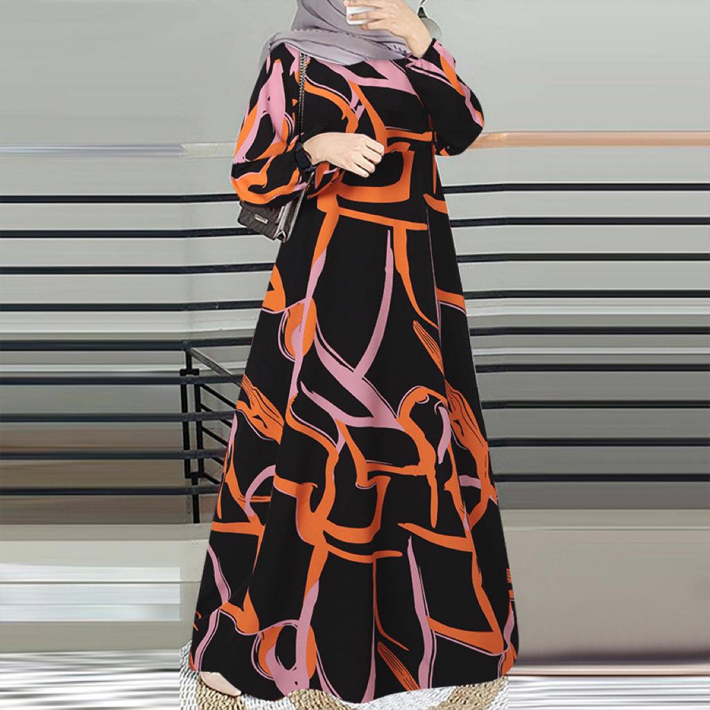Cross-Border 2025 Long Sleeve Printed Middle Eastern Muslim Malay Dress - Long Robe, Round Neck