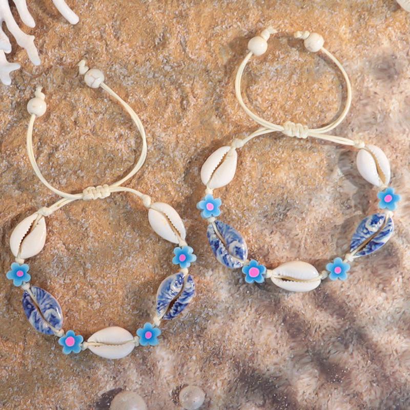 1011 Ocean Resort Wind Starfish Shell Bracelet, Daisy Rainbow Print Hand Rope Tide