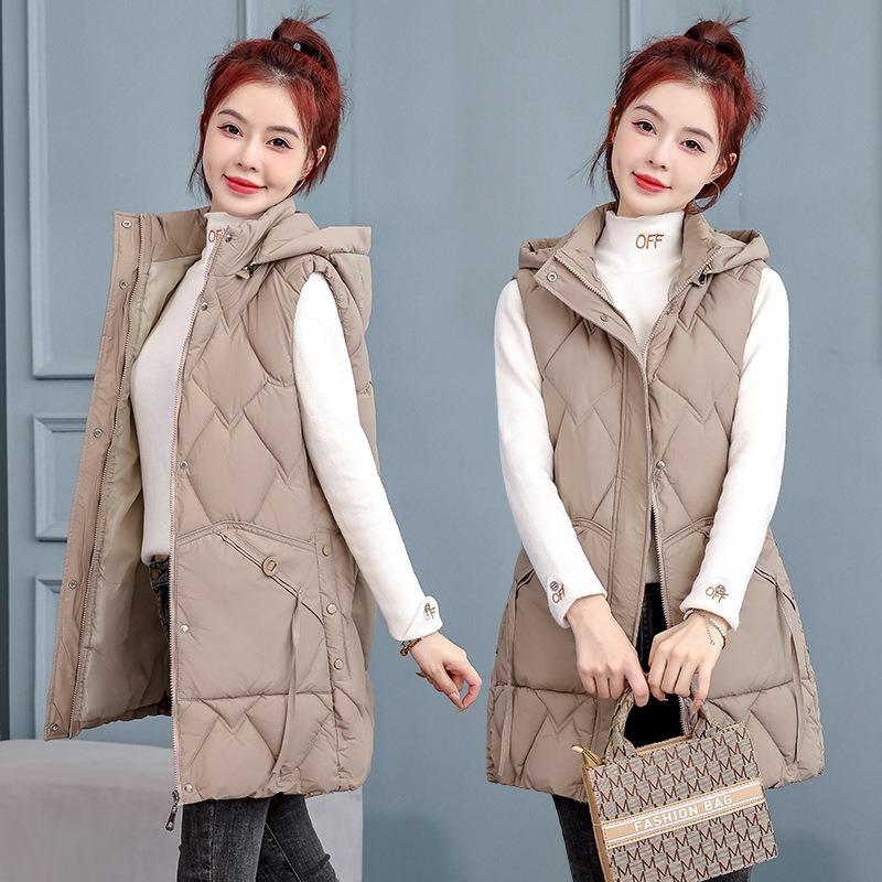 Medium and long down cotton live hat vest women's autumn and winter new fashion thickened vest slim vest jacket
