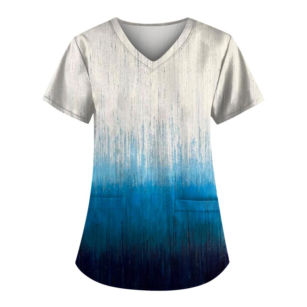 Plus Size niedlich bedruckte Peeling-Arbeitsuniform-Oberteile für Damen, V-Ausschnitt, kurze Ärmel, lustige T-Shirts, Arbeitskleidung, T-Shirt mit Taschen