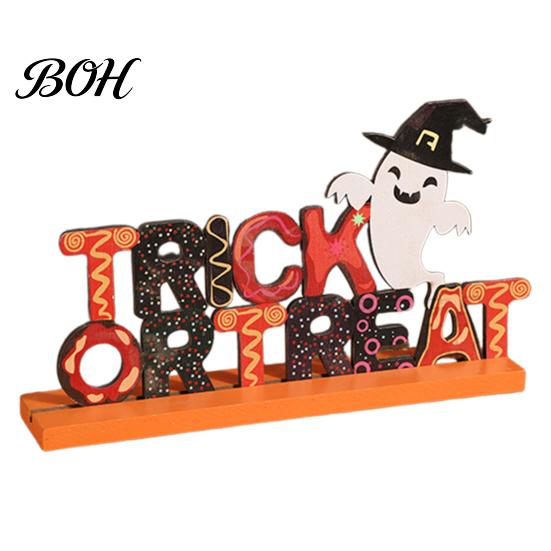 Creative Festival Table Signs Wooden Halloween Ornament, Trick or Treat/Boo/Happy Desktop Decoration Decorative Wood Lettering with Ghost Wizard