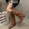 Cowhide Version Brown Trouser Boots Women's Pointed Head Thick Heel Slim Boots Spice Girl Style Knight Boots Western Cowboy Boots
