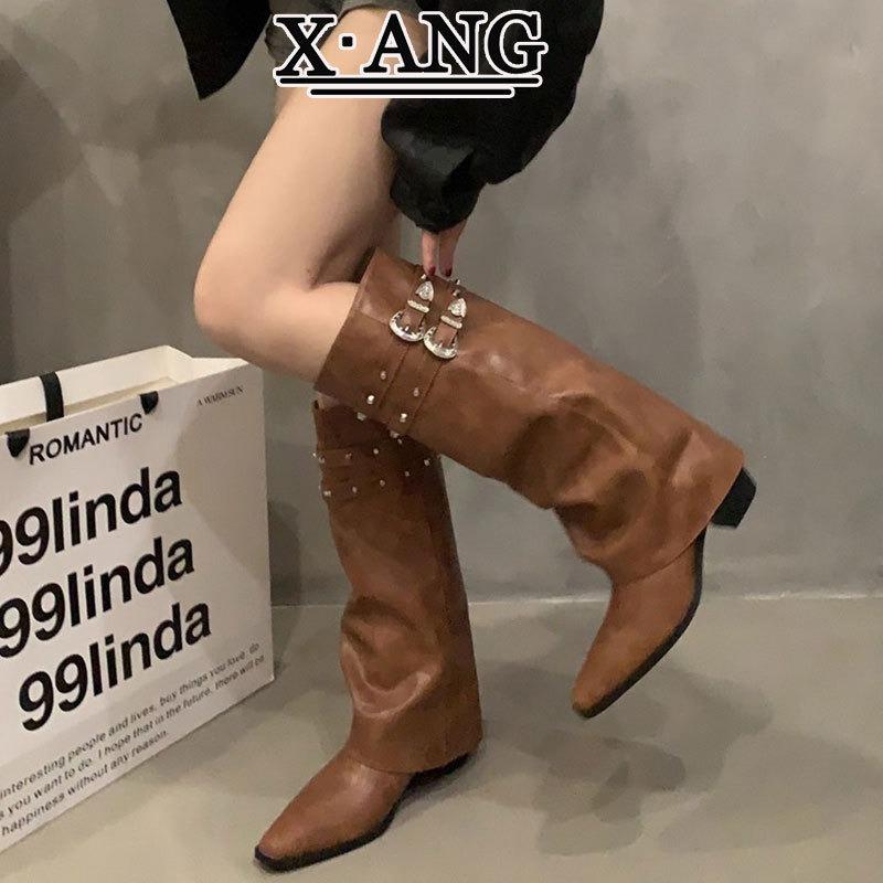 

Cowhide version brown trouser boots women s pointed head thick heel slim boots Spice girl style knight boots western cowboy boots 40