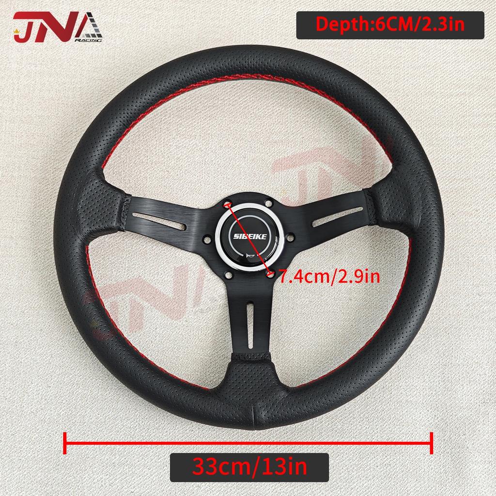 14inch 350mm Aluminum Spoke Perforated Leather Auto Racing Steering Wheel Deep Corn Drifting Sport Steering Wheel Red Line