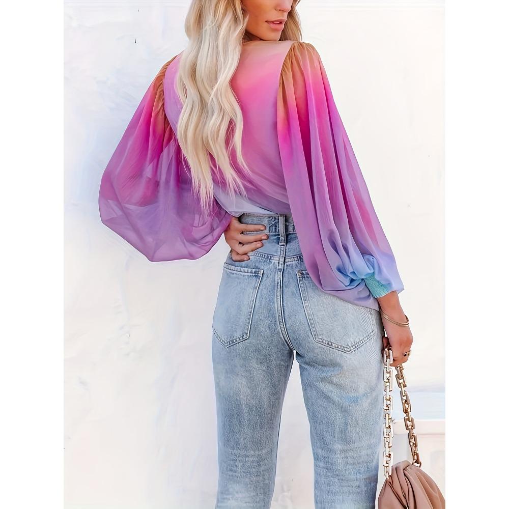 Spring-Summer New Amazon Gradient Sheer Chiffon Fashion Print Pullover Shirt for Women