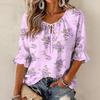 Women's Retro Floral Print Ruffle Three-Quarter Sleeve Blouse with Tie Neck