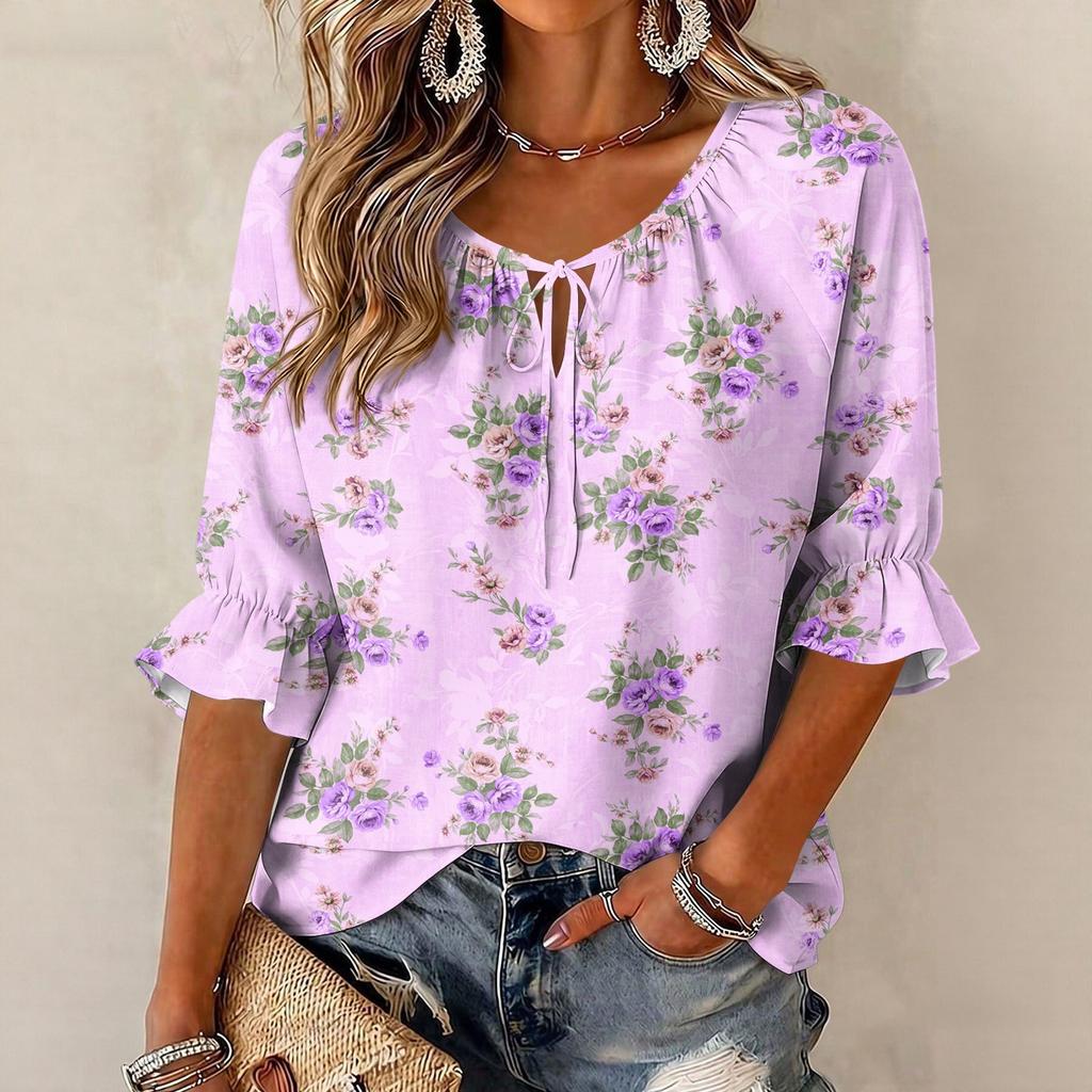 Women's Retro Floral Print Ruffle Three-Quarter Sleeve Blouse with Tie Neck