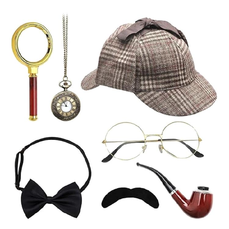 Костюм Детектива Включает Шляпу, Очки, Лупу, Галстук-бабочку, Бороду Набор для Хэллоуина Детектив Маскарадный Костюм для Взрослого Подростка 1
