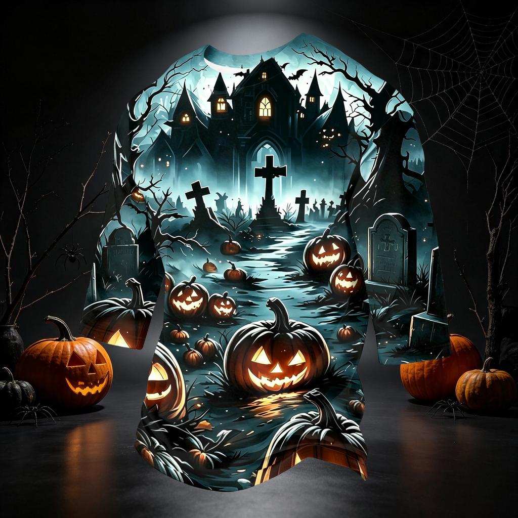 Men's Casual 3/4 Sleeve Round Neck T-Shirt with Halloween Print