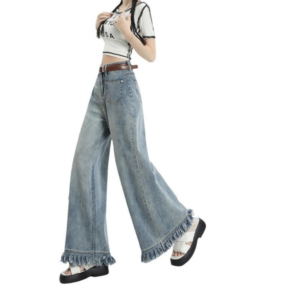 Retro loose burr jeans women's spring and autumn new high-waisted and thin small wide-leg floor-mopping pants tide