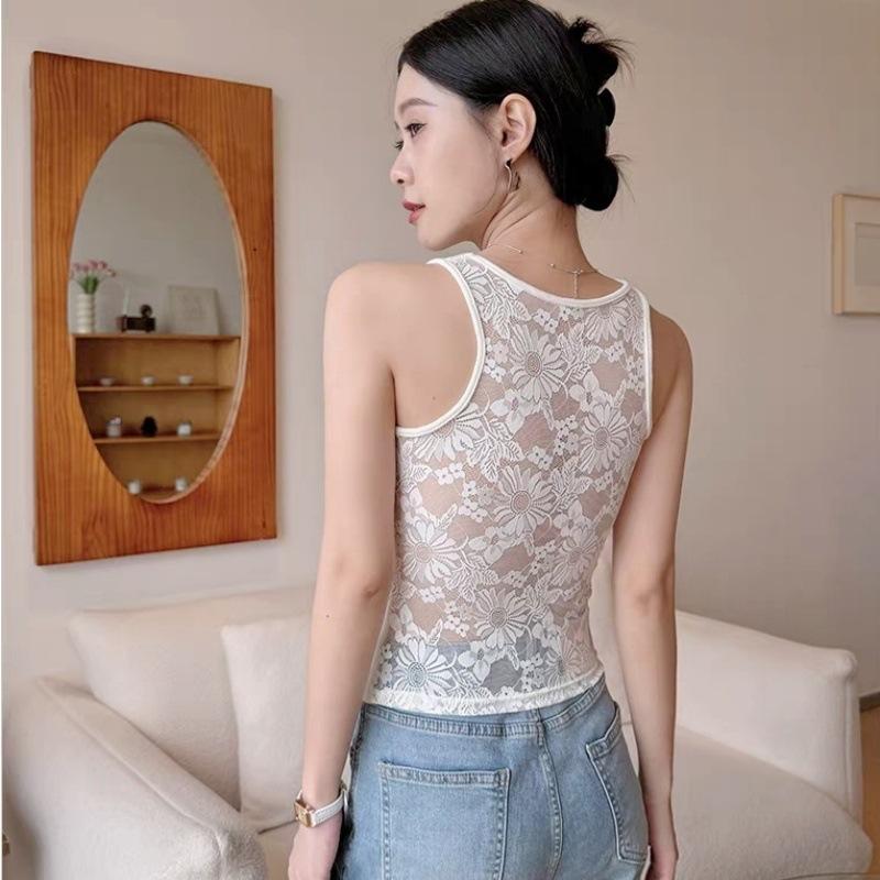 #Early autumn new pure desire to polish the back I-shaped lace vest female slim and thin one-piece with chest pad