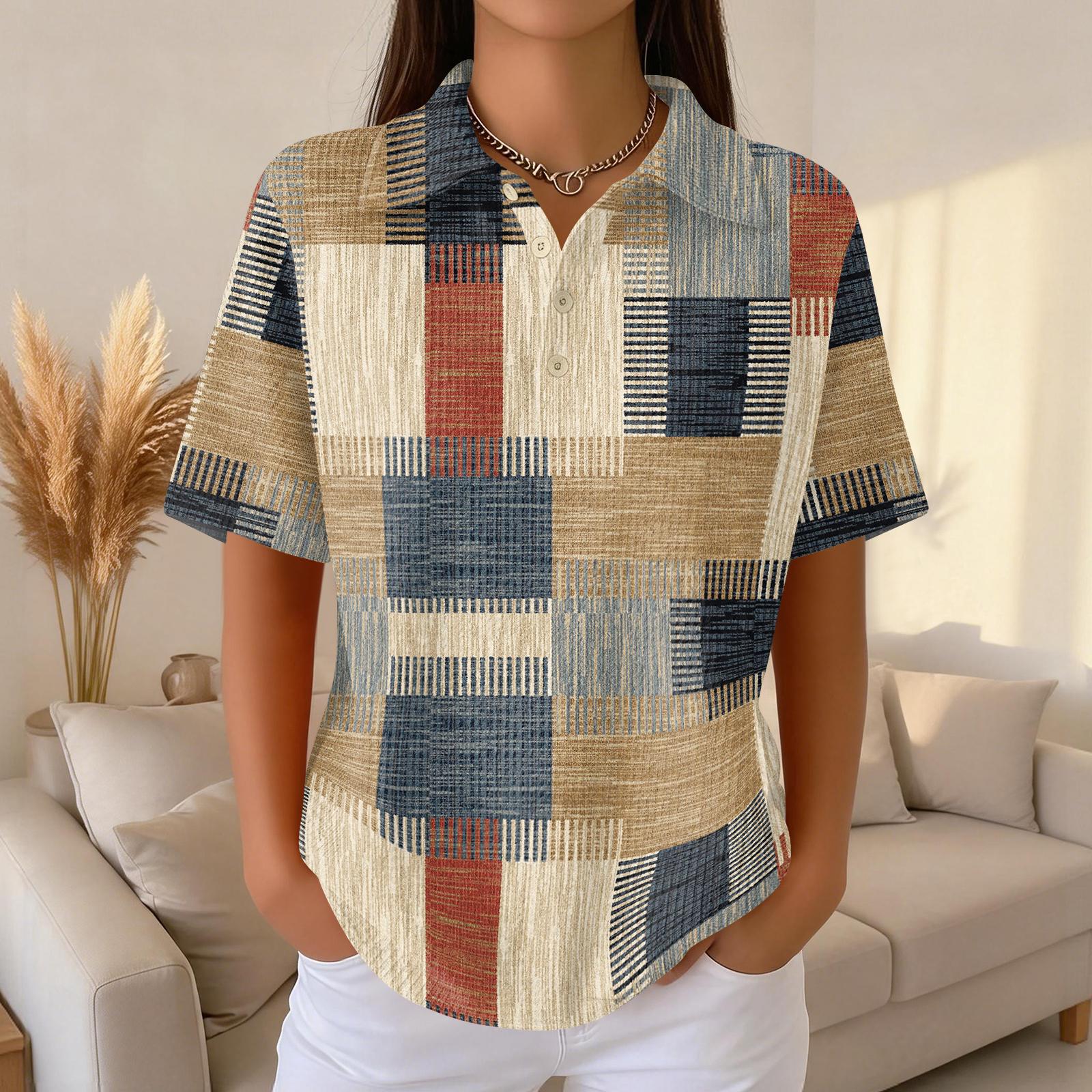 

Womens Casual Short Sleeve Polo Shirt Waffle Knit Fabric Striped Plaid Print Buttoned Collar Top M помаранчевий