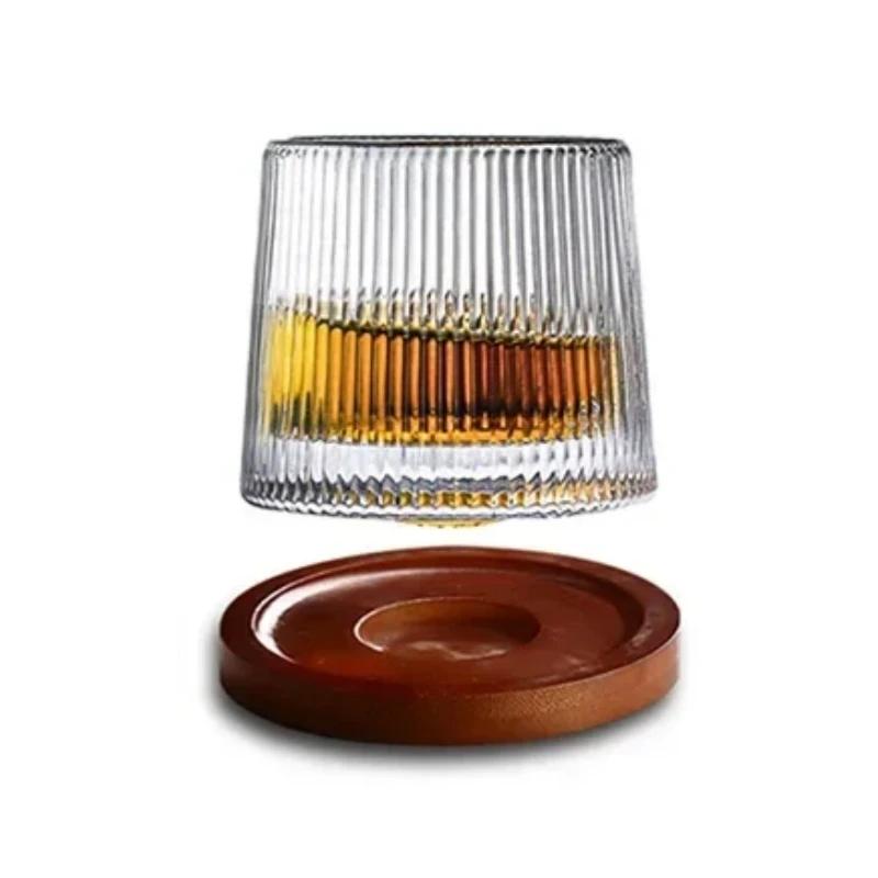 200ML Rotatable Whiskey Glass Cup Old Fashioned Wine Glass with Wooden Base Scotland Bar Party Whiskey Wine Glassware Tool