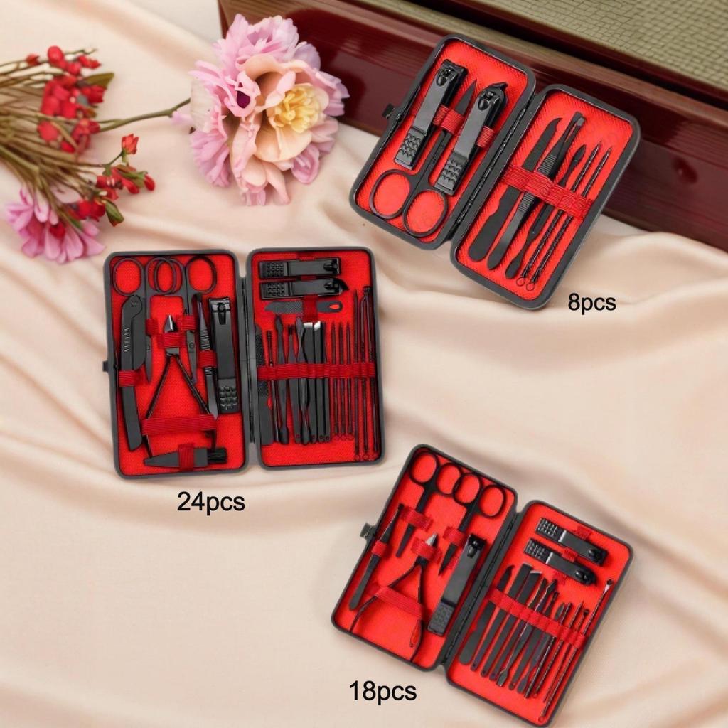 24-Piece Black and Red Nail Clipper Set - Stainless Steel Manicure and Pedicure Tools