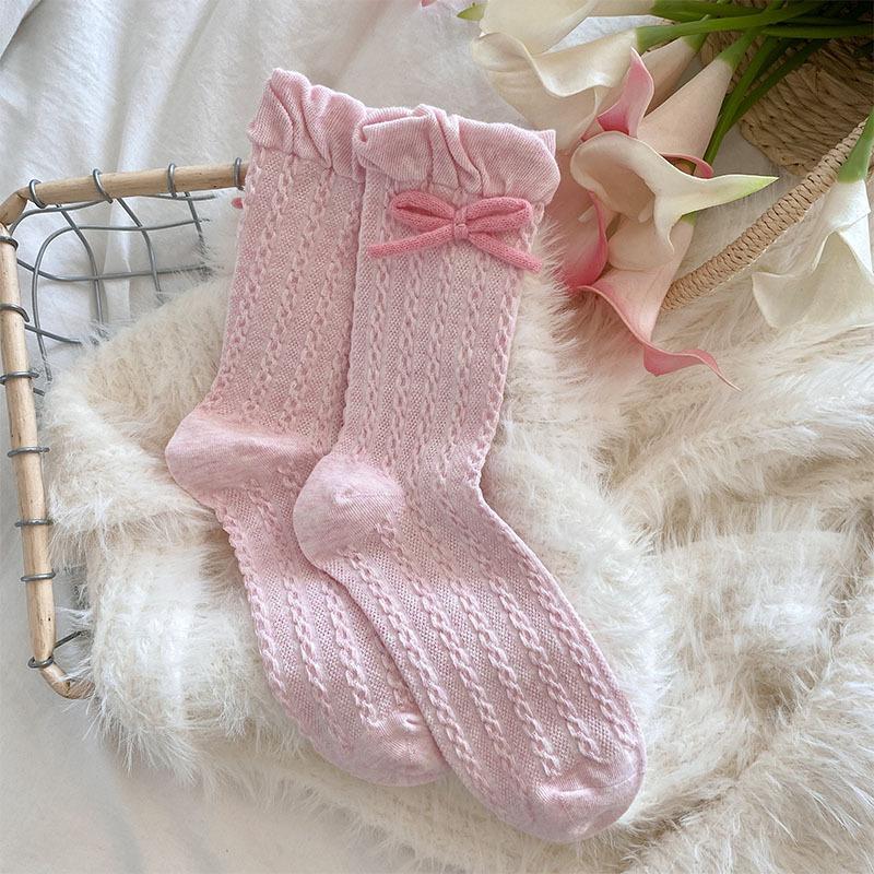 Japanese JK Sweet Bowknot Tied Middle Tube Socks Women Heel Bow Socks Casual Black White Pile Socks Girls Sports Cotton Socks