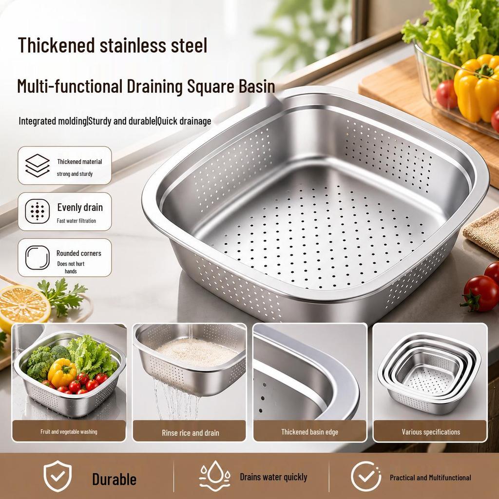 Extra Thick Double-Layer Stainless Steel Square Basin for Vegetable, Fruit, & Rice Washing