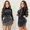 Europäische & Amerikanische Mode Damen Langarm Mesh Kleid mit Perlenbesetztem Kurzem Rock