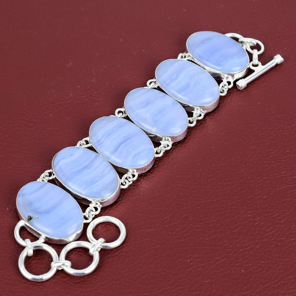 Blue Lace Agate Bracelet 925 Sterling Silver Bracelet Handmade Adjustable Chain Bracelet Gemstone Bracelet Silver Jewelry Anniversary Gifts