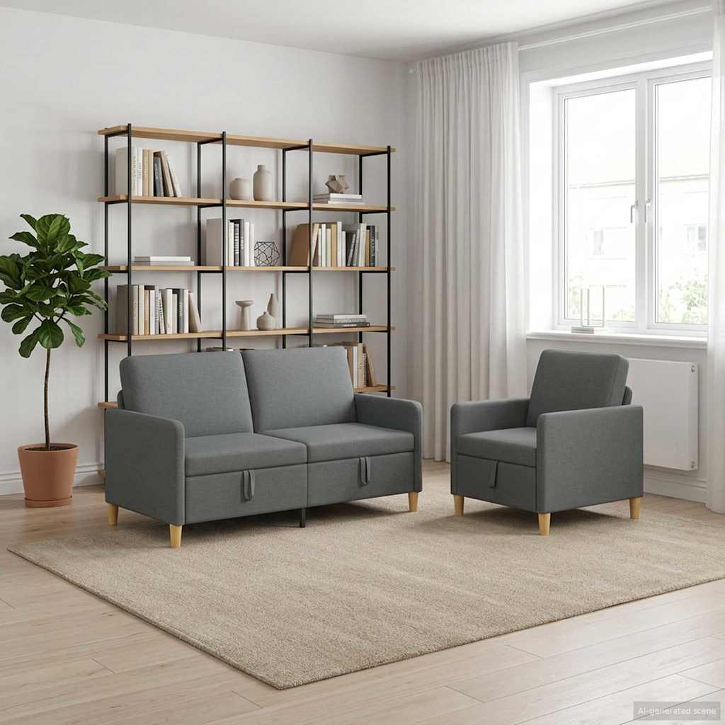 2 Piece Storage Sofa Set Dark Grey Polyester