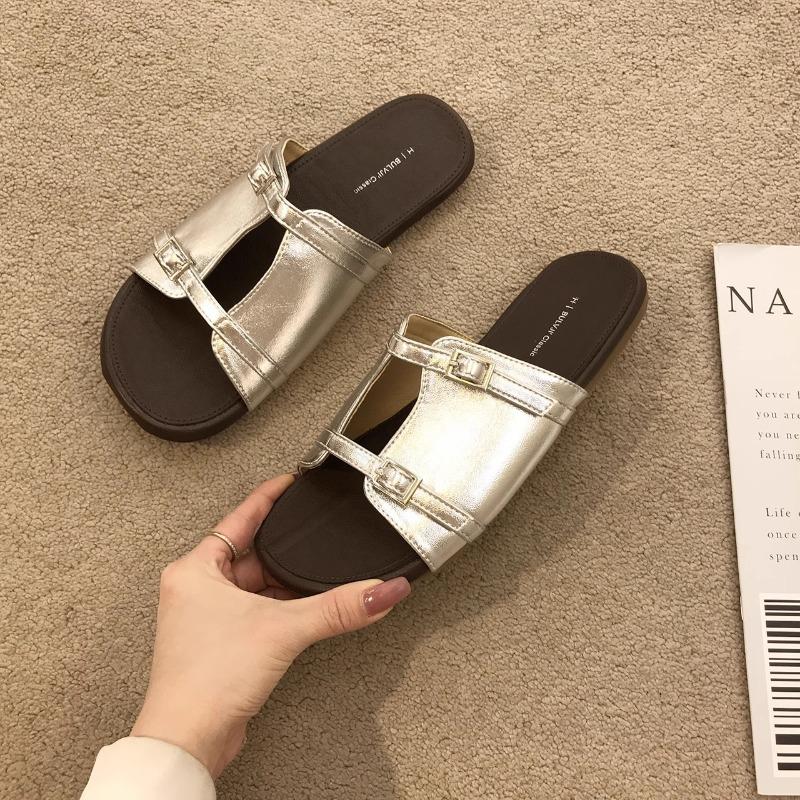Leather Yellow One-word Drag Women's Summer Wear New Thick-bottomed Seaside Beach Sandals