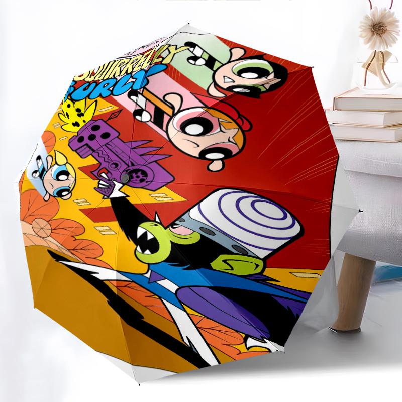 

1pc The Powerpuff Girls pattern Umbrella Portable Folding Umbrella Iron Frame Hole Bone Structure Outdoor Home Umbrella